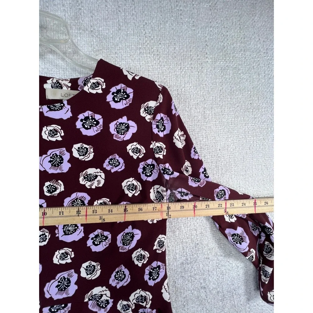 Loft Burgundy Floral Poppy Long Sleeve Ruffle Hem‎ Dress Purple White Womens